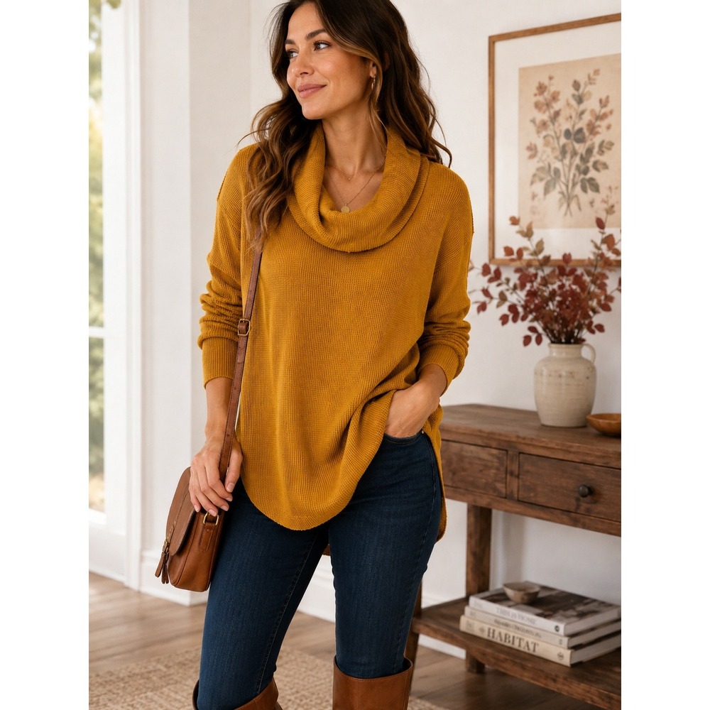 Maeve Anthropologie Mustard Yellow Waffle Knit Cowl Neck Tunic Top Medium